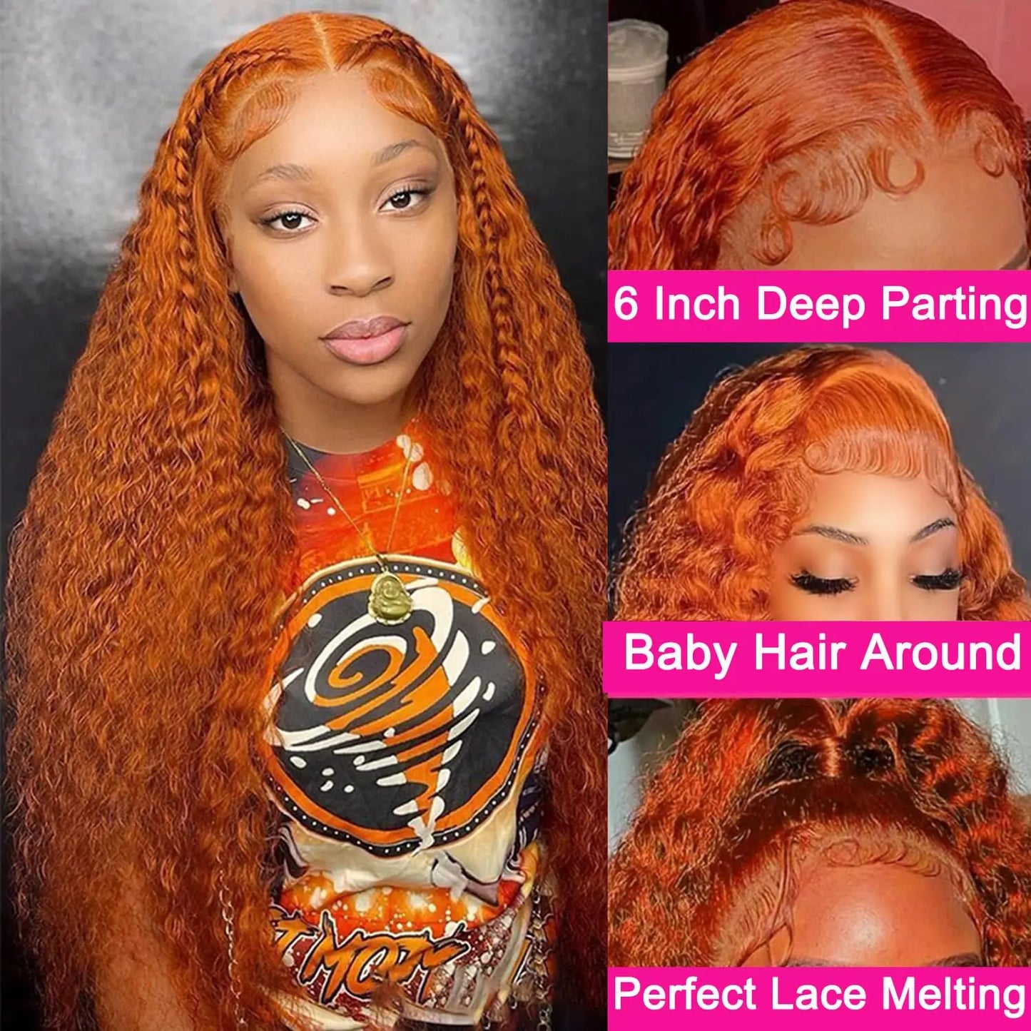 Luxury Orange Ginger Deep Wave HD Lace Wig – 13x4 / 13x6 Frontal, 30–36 Inch Human Hair