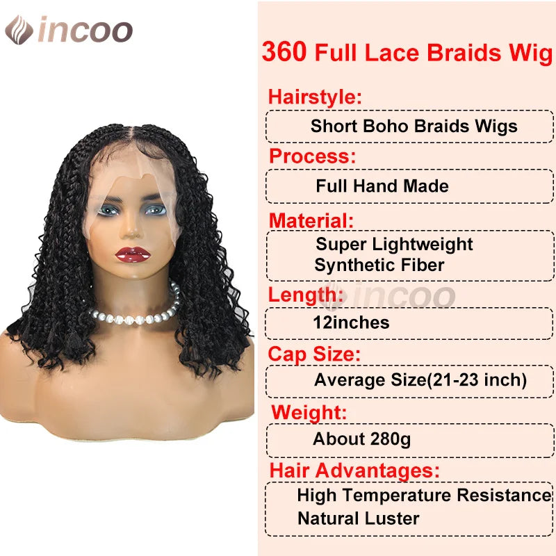 12" Boho Braided Bob Wig – Synthetic 360 Lace Front, Curly Knotless Style