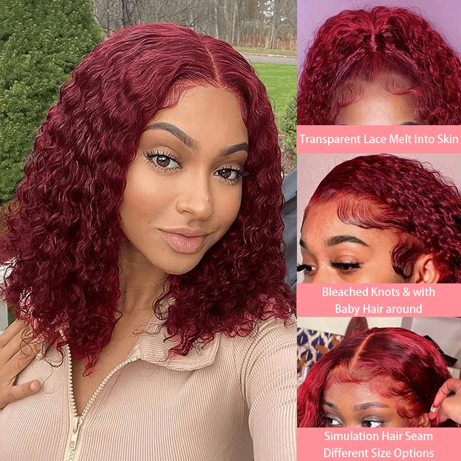 Woman with red hair styled in a wig, showing lace front details.