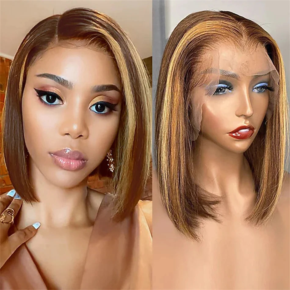 Highlight Bob Wig Human Hair – Short Straight & Curly Lace Front Wigs, Pre-Plucked with Baby Hair, 13x4/13x1 T-Part, 180% Density