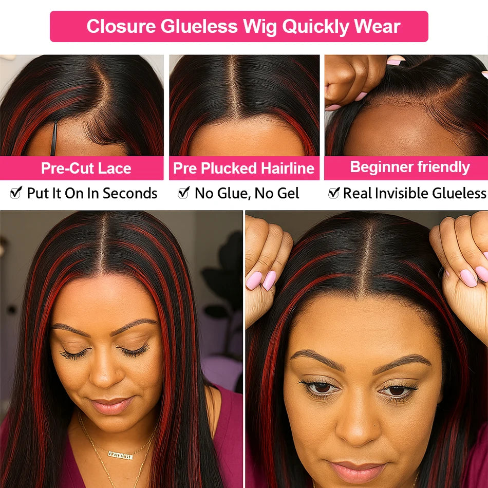 200% Density 5x5 Highlight Lace Closure Wig – Black 1B/99J Burgundy Straight Human Hair, Glueless Brazilian Wig for Women