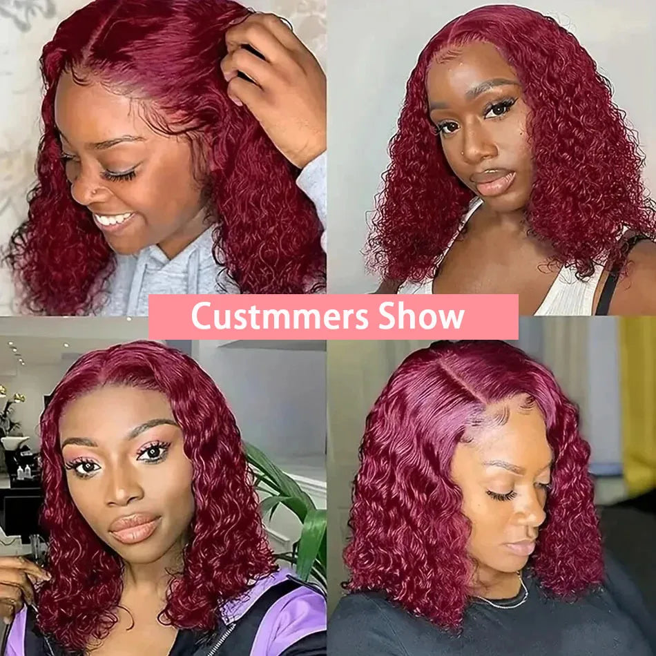 Collage of a woman with burgundy hair styled in different ways, with text 'Customers Show' in the center.