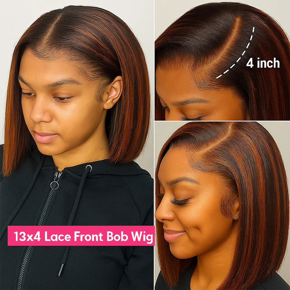 Highlight Ginger Brown Bob Wig Human Hair – #4/350 Straight 13x4 HD Transparent Lace Frontal, 5x5 Glueless Short Bob Wig