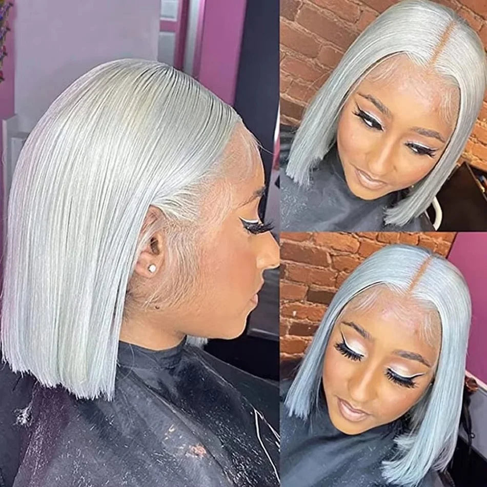 Grey Bob Lace Front Wig 10/12/14 Inch – 13x4 Human Hair Short Straight Wig, Pre-Plucked Hairline with Baby Hair