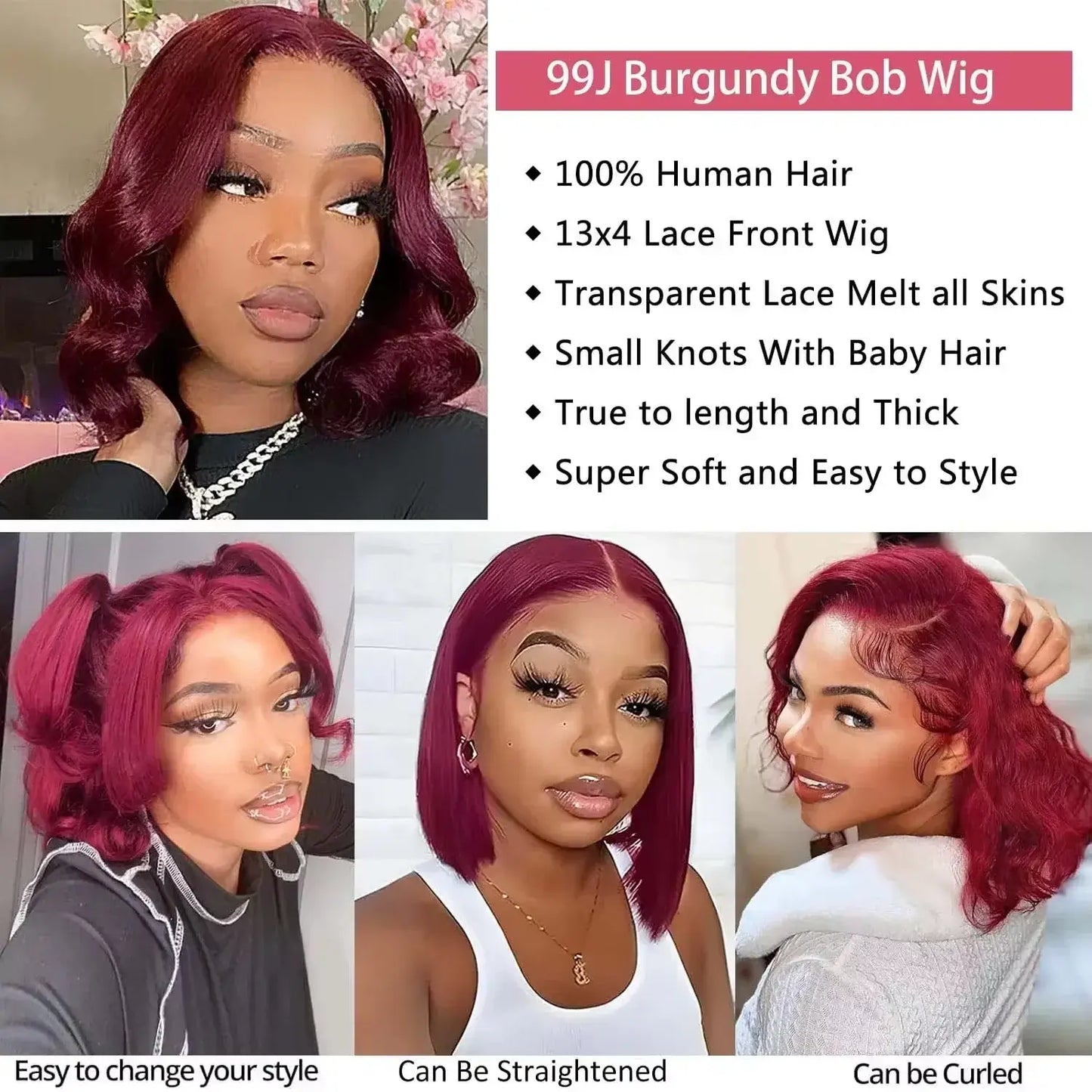 Burgundy Red Bob Wig – 13x4 Lace Front, Brazilian Human Hair, Pre-Plucked