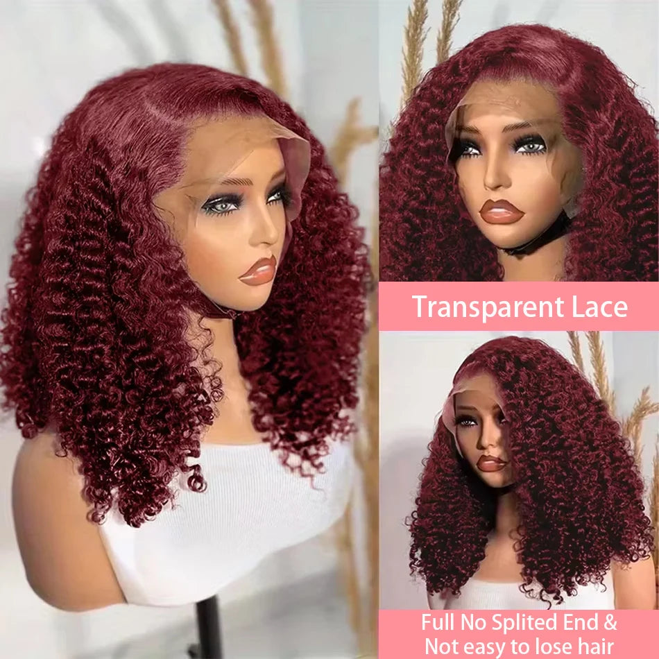 Burgundy curly wig on a mannequin head with transparent lace and no split ends.