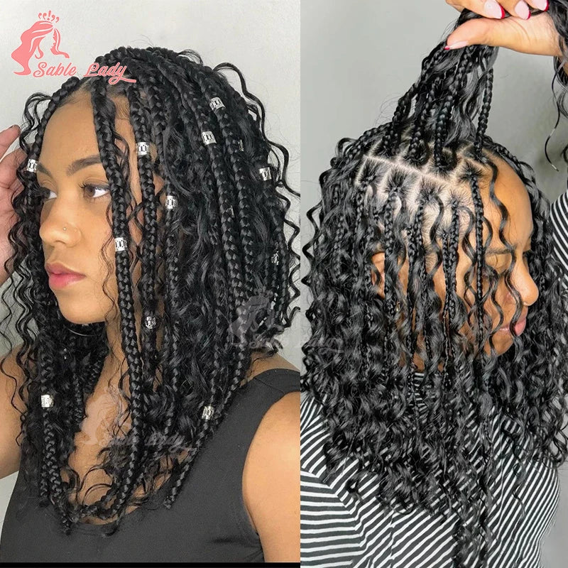 Boho Bob Braided Wig – Knotless Box Braids with Curly Ends (Synthetic)