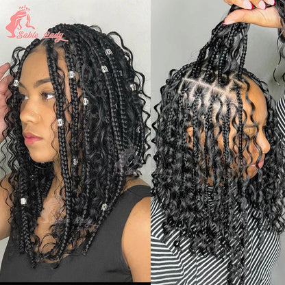 Boho Bob Braided Wig – Knotless Box Braids with Curly Ends (Synthetic)