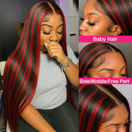 200% Density 5x5 Highlight Lace Closure Wig – Black 1B/99J Burgundy Straight Human Hair, Glueless Brazilian Wig for Women