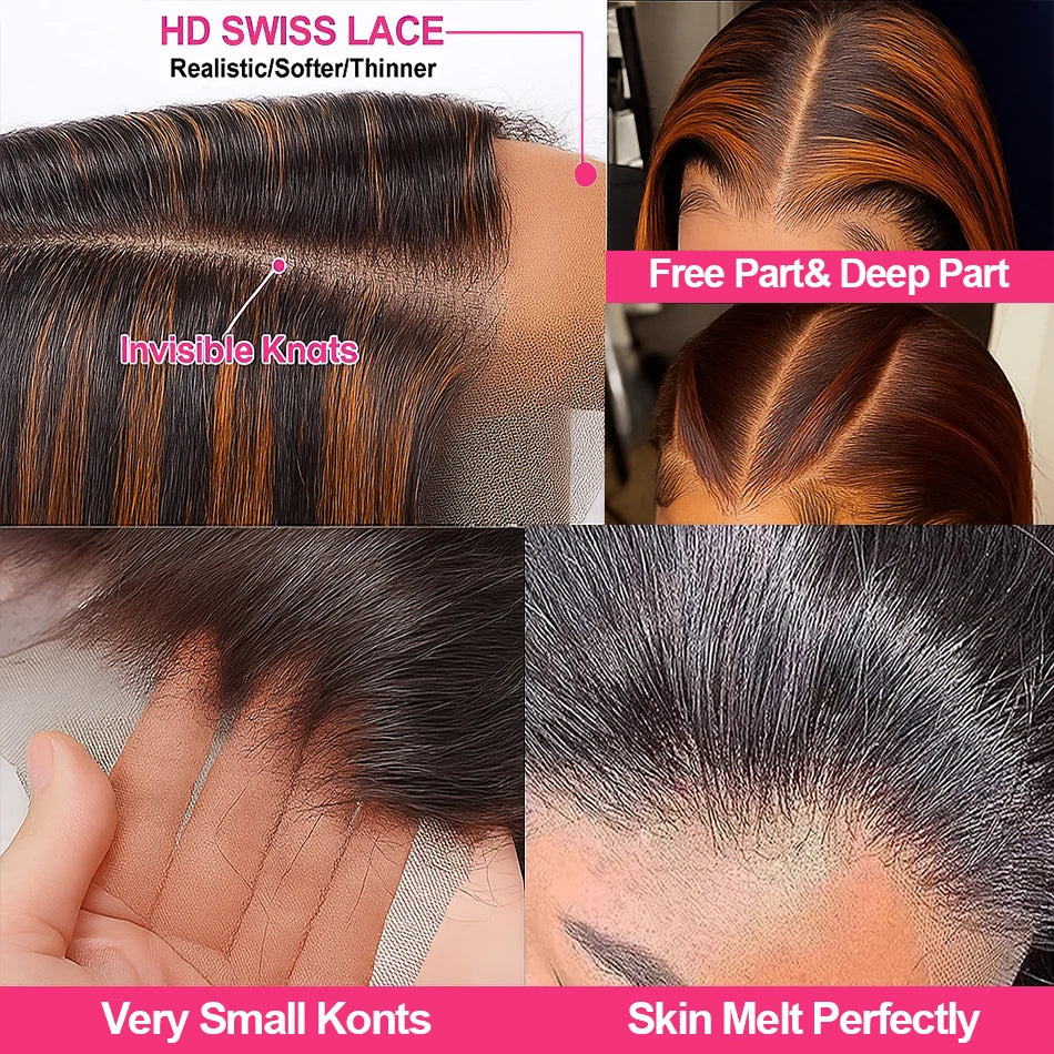 Collage of hair product features with close-ups of hair texture and parting options.