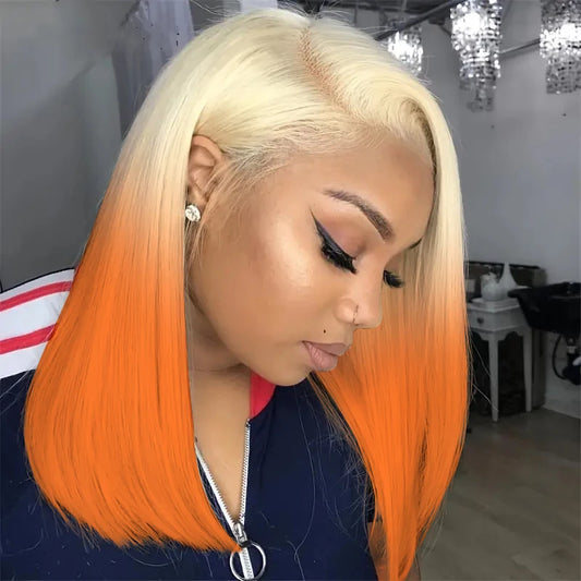 13x4 Lace Front Bob Wig – Ombre Orange & 613 Blonde Straight Brazilian Human Hair, Short Wigs for Women