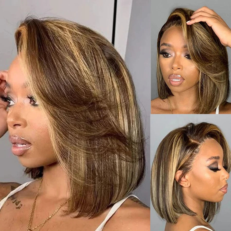 Highlight Bob Wig Human Hair – Short Straight & Curly Lace Front Wigs, Pre-Plucked with Baby Hair, 13x4/13x1 T-Part, 180% Density