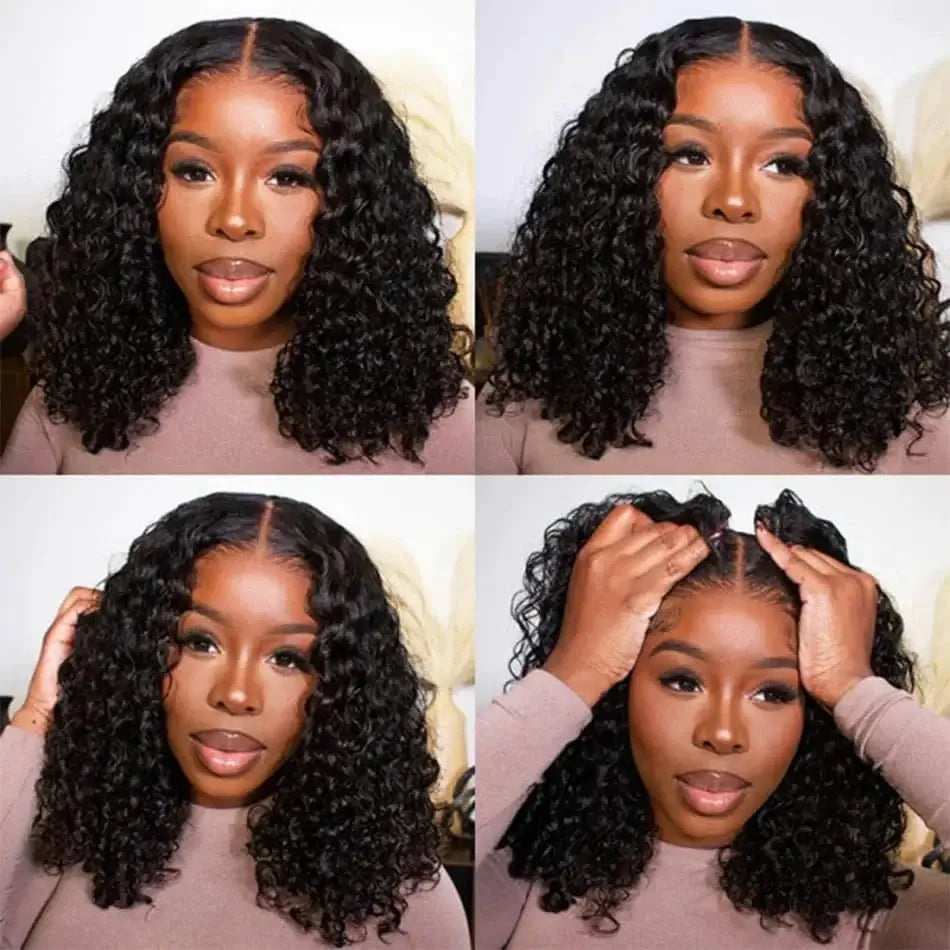 Brazilian HD Lace Curly Bob Wig – Short, Full & Flawless displayed in four styles, showcasing its natural curls and versatility.