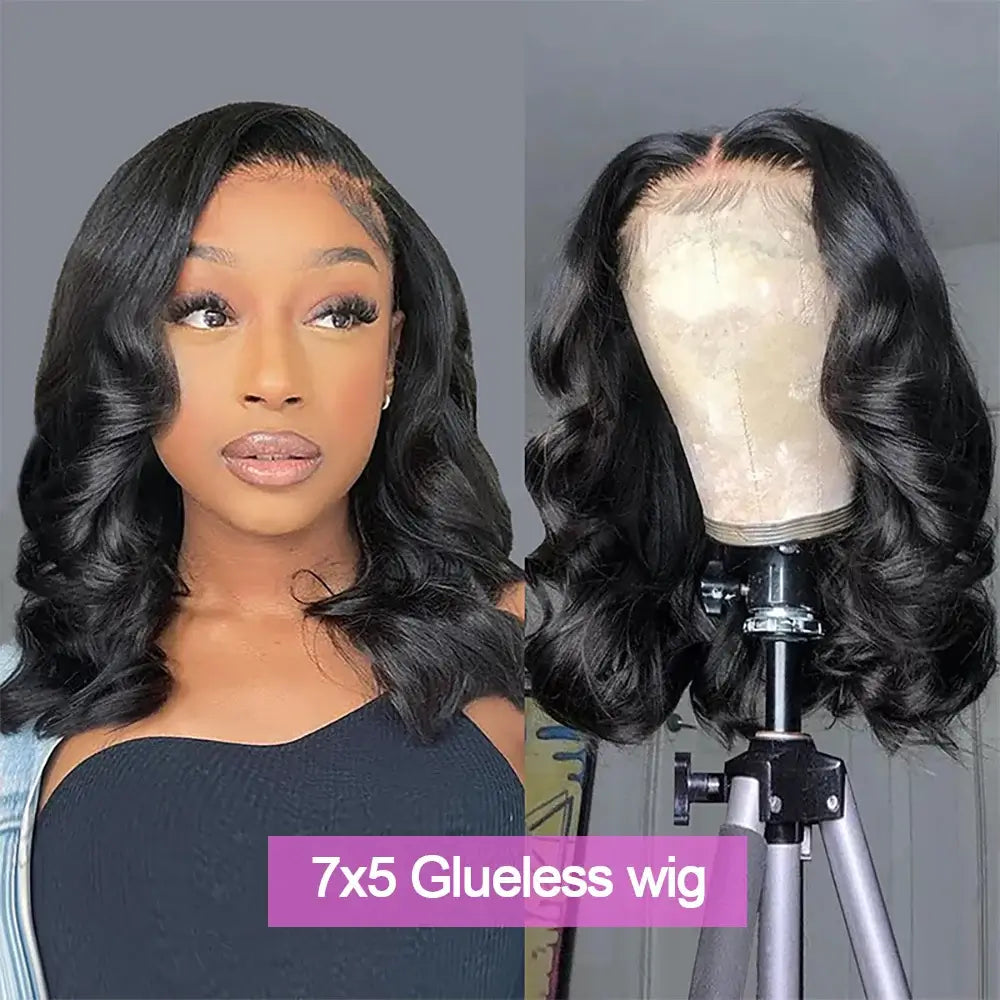 Wave Babe Bob glueless lace bob wig featuring soft, body-wavy curls in 100% Brazilian hair.
