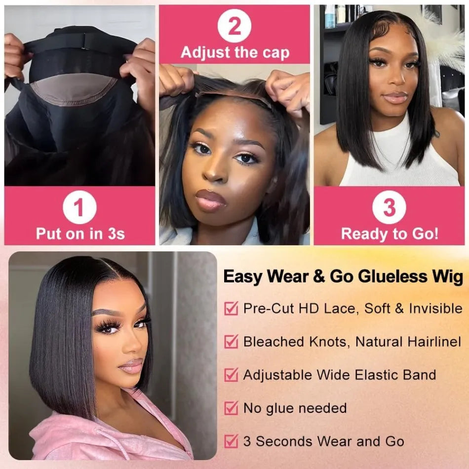 Glueless Straight Bob Wig 16 Inch – 100% Brazilian Human Hair, 4x4/5x5 HD Lace Closure, Pre-Plucked 180%-220% Density Short Lace Front Wigs