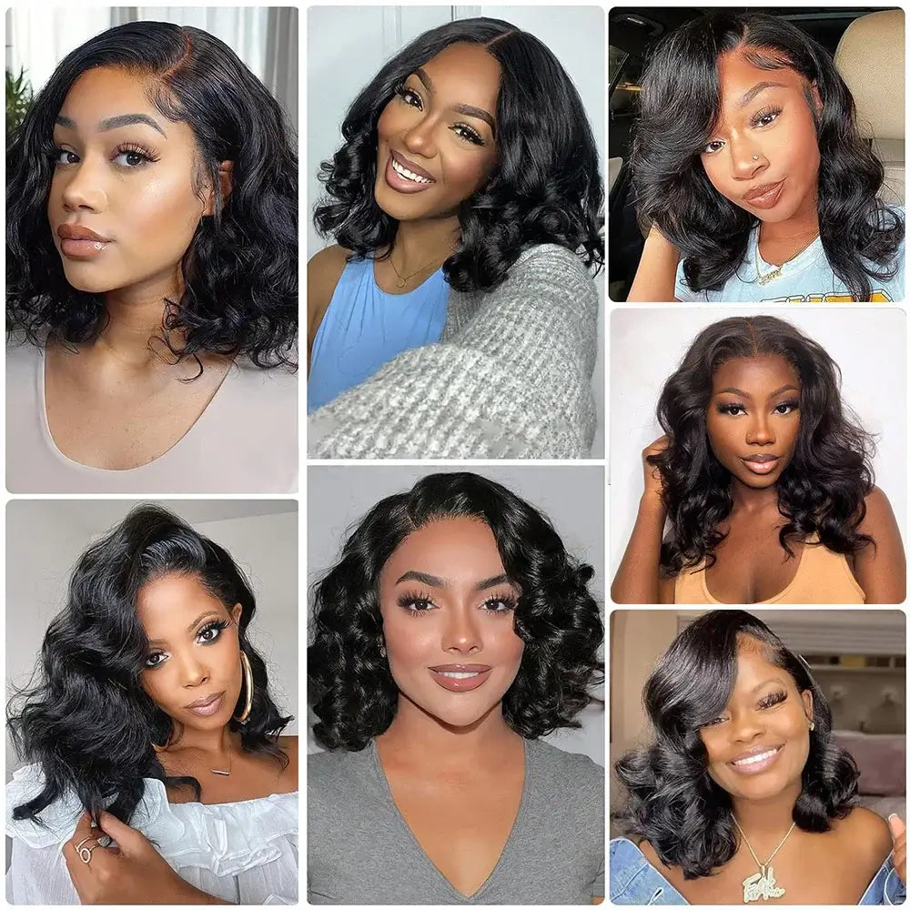 Collage of women wearing Wave Babe Bob wigs featuring soft, natural waves in various styles, showcasing glueless lace bob options.