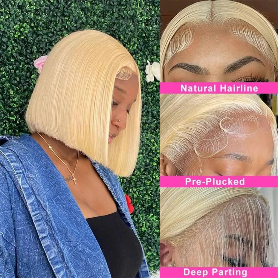 613 Blonde Straight Brazilian Hair-Bob Wig Human Hair 13x4/13x6 Lace Front – Pre-Plucked
