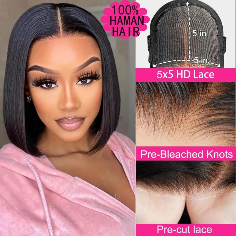 Glueless Straight Bob Wig 16 Inch – 100% Brazilian Human Hair, 4x4/5x5 HD Lace Closure, Pre-Plucked 180%-220% Density Short Lace Front Wigs