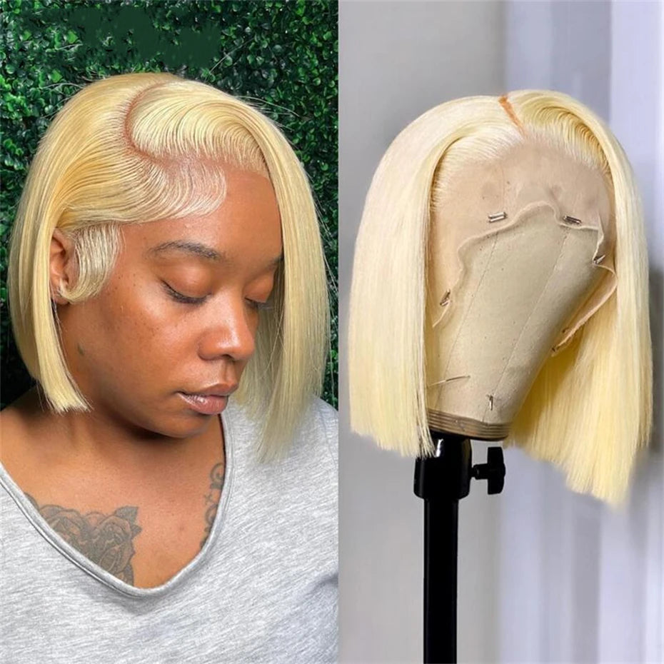 613 Blonde Straight Brazilian Hair-Bob Wig Human Hair 13x4/13x6 Lace Front – Pre-Plucked
