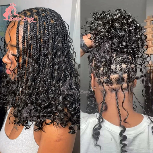 Boho Bob Braided Wig – Knotless Box Braids with Curly Ends (Synthetic)