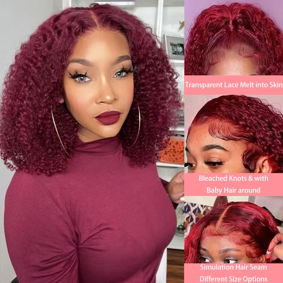 Woman with burgundy hair styled in an afro, with close-up details of hair texture and color.