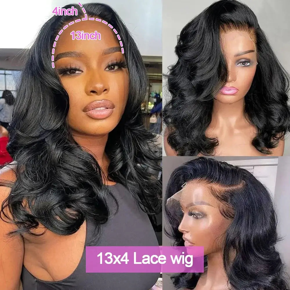 Wave Babe Bob: 13x4 lace wig featuring body wavy curls, made with 100% Brazilian hair for effortless style.