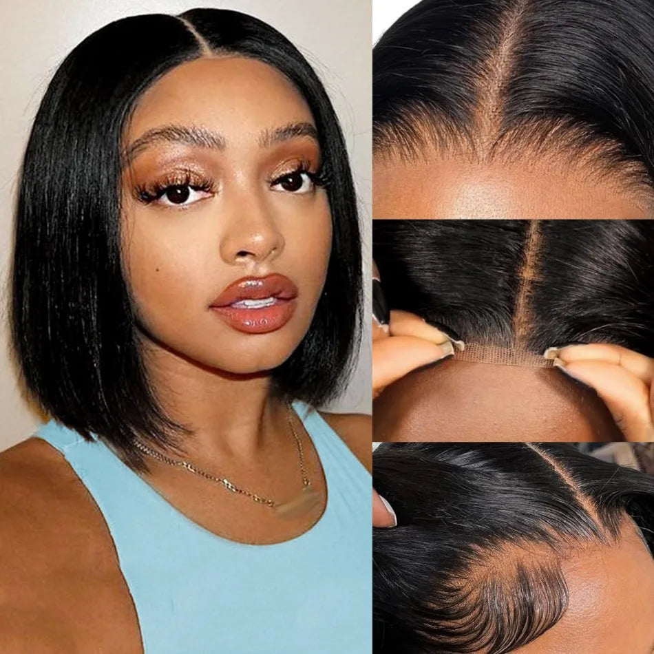Glueless Straight Bob Wig 16 Inch – 100% Brazilian Human Hair, 4x4/5x5 HD Lace Closure, Pre-Plucked 180%-220% Density Short Lace Front Wigs