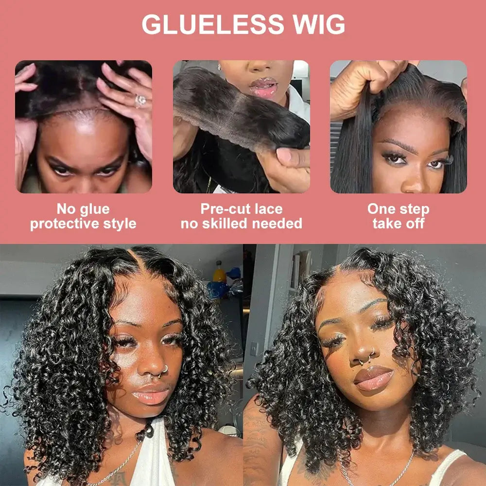 Curl Chic Bob glueless wig featuring no glue protective style and effortless one step take off.