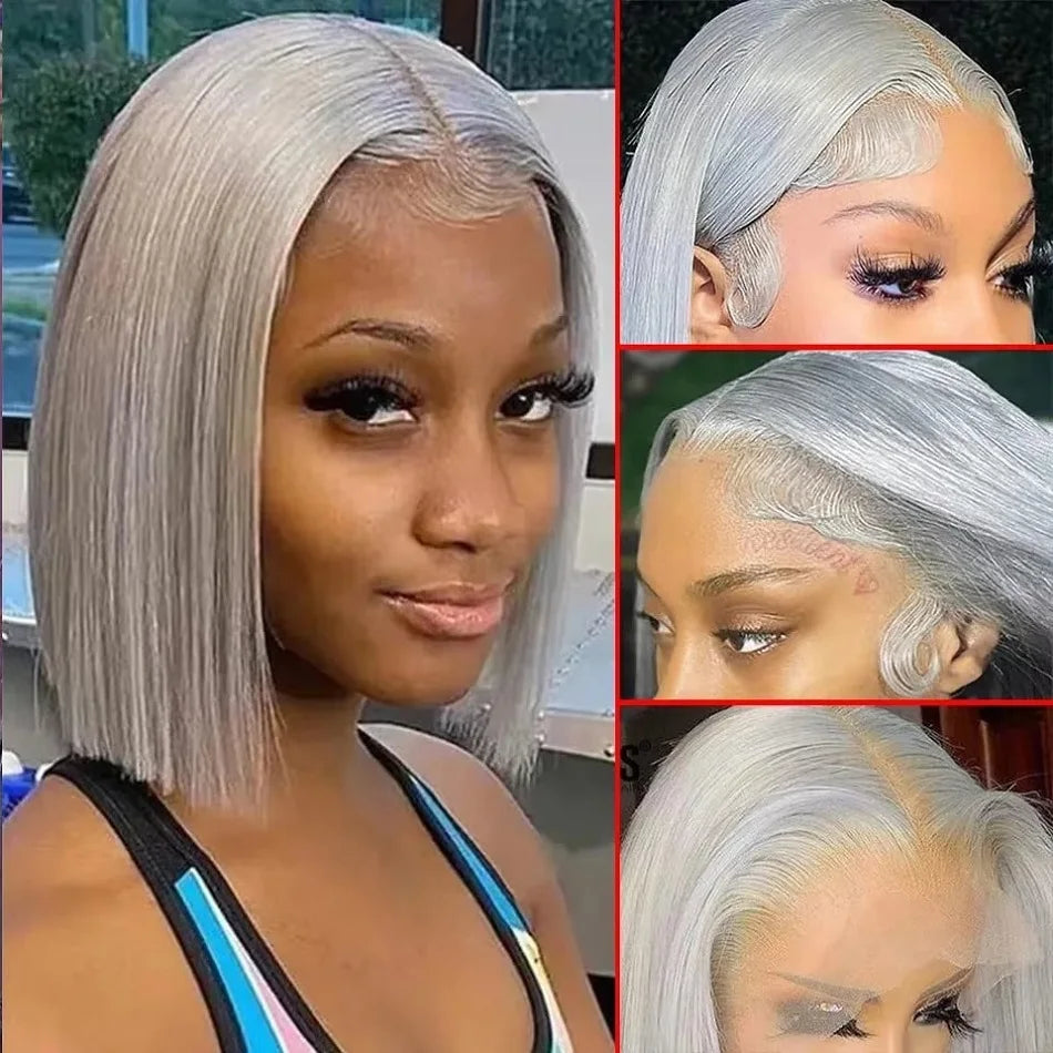 Woman with silver hair styled in a bob, shown from different angles.