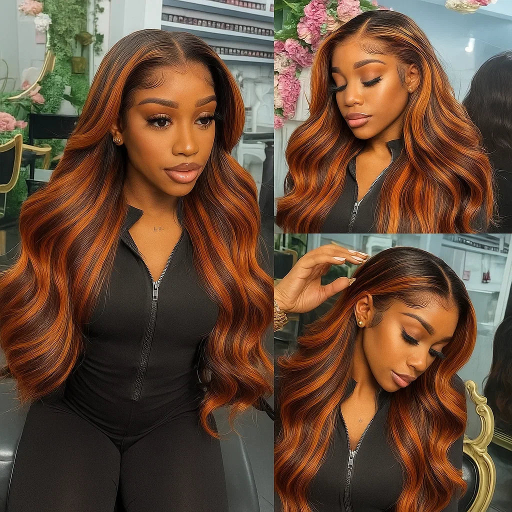 #4/350 Glueless Body Wave Wig – 5x5 Closure, Human Hair Highlight Ombre Ginger Orange & Brown, Pre-Plucked Natural Hairline