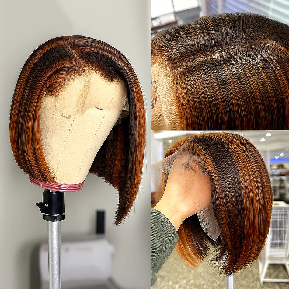 Brown and black bob wig on a mannequin head with close-up views.