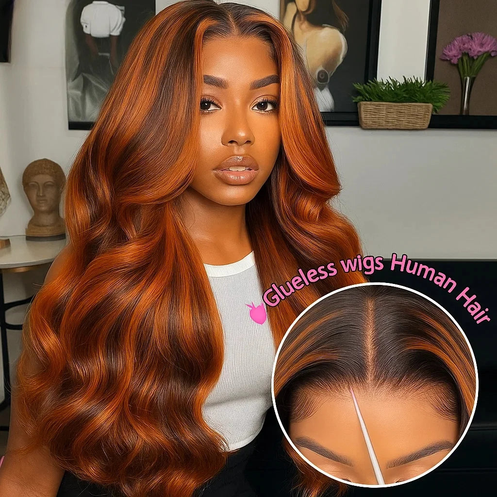 #4/350 Glueless Body Wave Wig – 5x5 Closure, Human Hair Highlight Ombre Ginger Orange & Brown, Pre-Plucked Natural Hairline