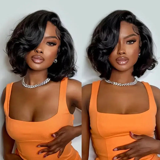 Model showcasing the Wave Babe Bob wig, a Brazilian glueless lace bob with body waves and effortless style.