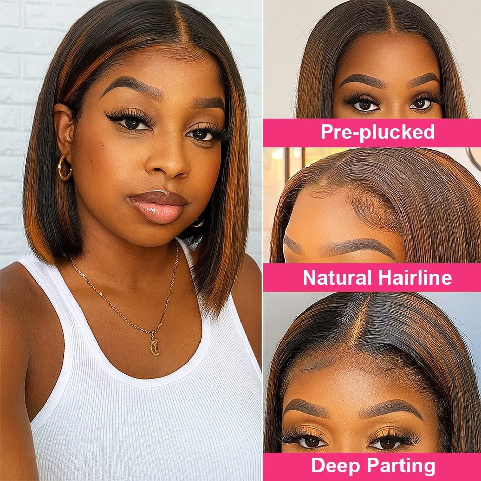 Woman with styled hair and close-up details labeled 'Pre-plucked', 'Natural Hairline', and 'Deep Parting'.