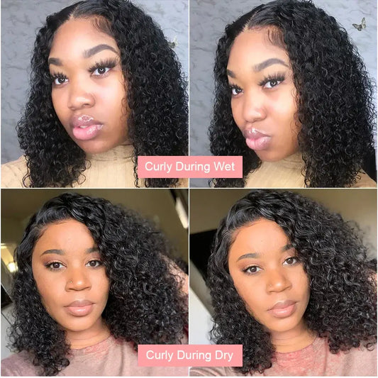Curl Chic Bob showcasing curly hair texture when wet and dry, perfect for versatile styling in everyday wear.