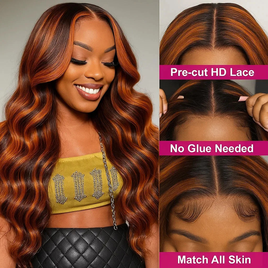 #4/350 Glueless Body Wave Wig – 5x5 Closure, Human Hair Highlight Ombre Ginger Orange & Brown, Pre-Plucked Natural Hairline
