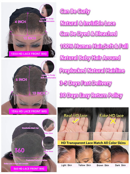 Body Wave HD Lace Front Wig – 250% Density, 30–40 Inch