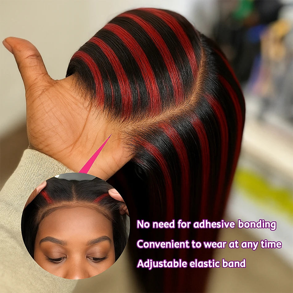 200% Density 5x5 Highlight Lace Closure Wig – Black 1B/99J Burgundy Straight Human Hair, Glueless Brazilian Wig for Women