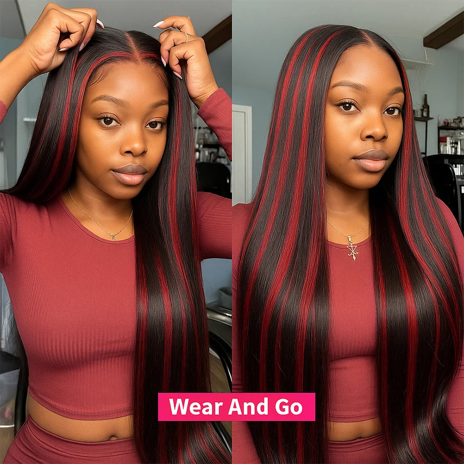 200% Density 5x5 Highlight Lace Closure Wig – Black 1B/99J Burgundy Straight Human Hair, Glueless Brazilian Wig for Women