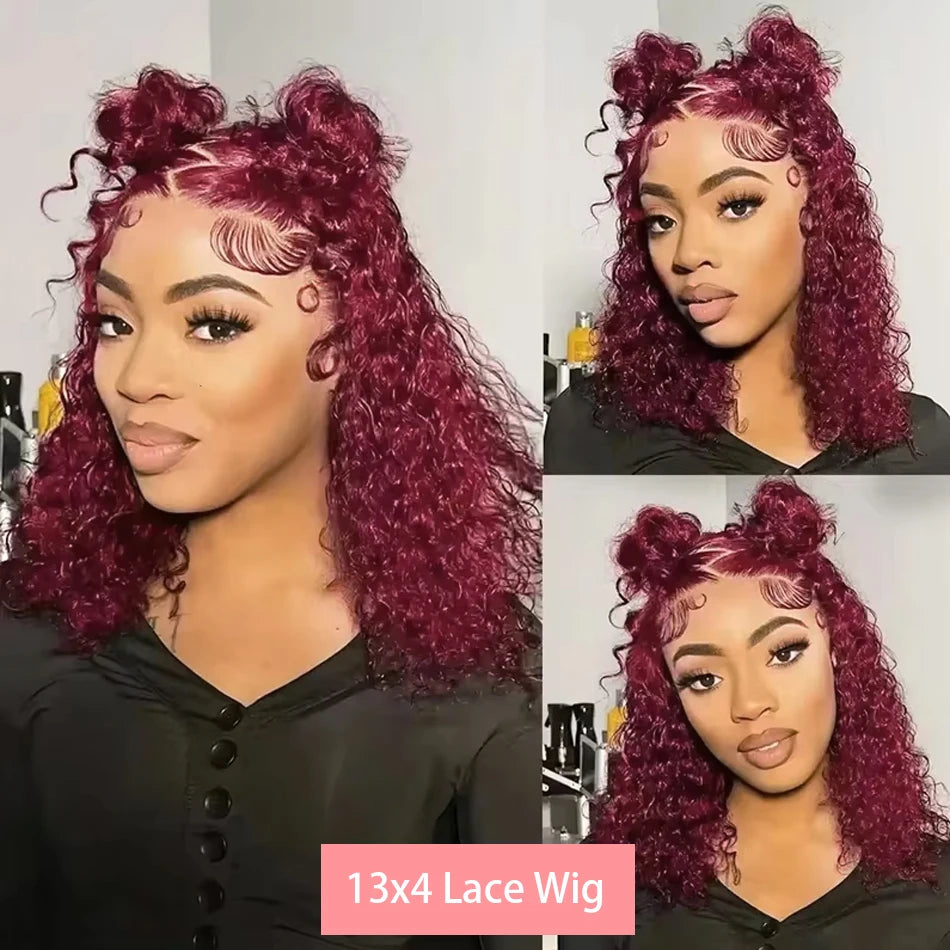 Woman with styled hair, labeled '13x4 Lace Wig', in a collage format.