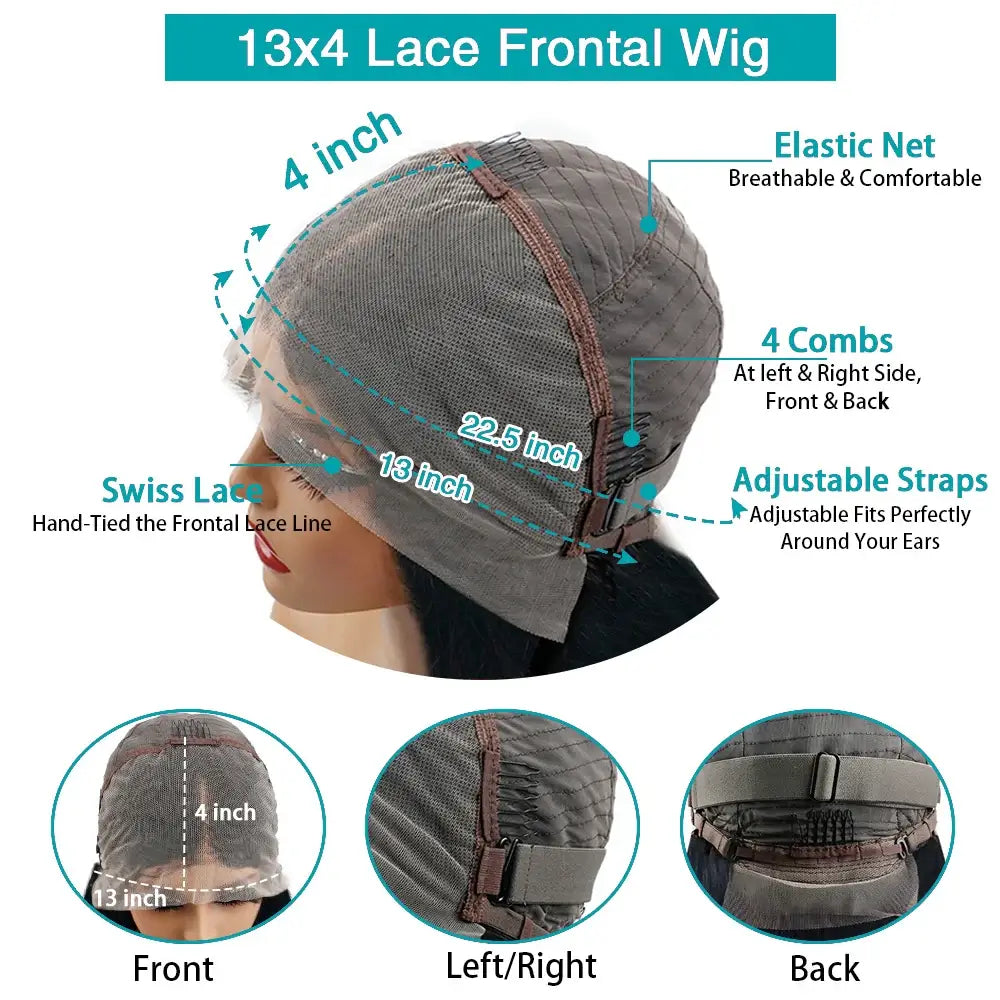 13x4 Lace Frontal Wig with adjustable straps, breathable elastic net, and Swiss lace base, showcasing front and back views.