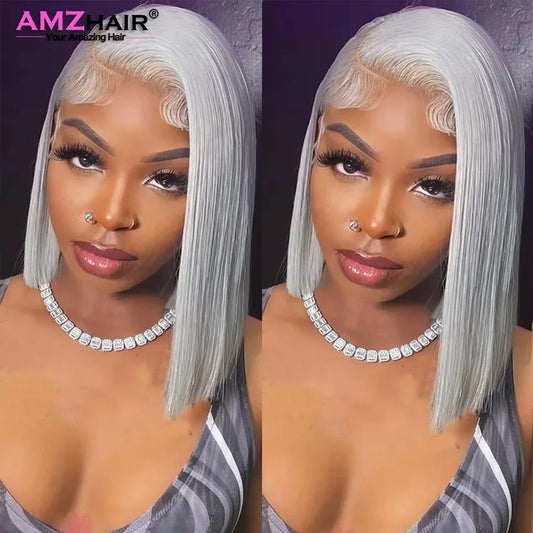 Grey Bob Lace Front Wig 10/12/14 Inch – 13x4 Human Hair Short Straight Wig, Pre-Plucked Hairline with Baby Hair
