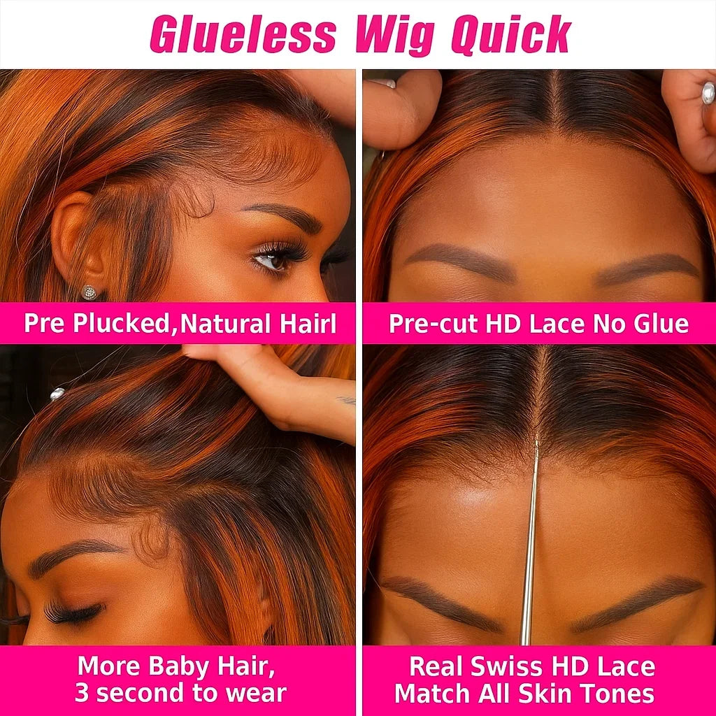 #4/350 Glueless Body Wave Wig – 5x5 Closure, Human Hair Highlight Ombre Ginger Orange & Brown, Pre-Plucked Natural Hairline