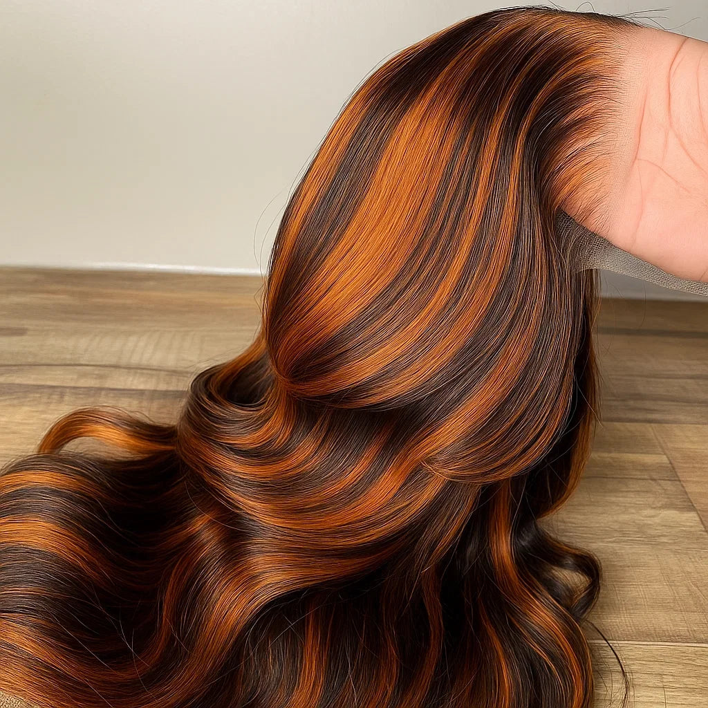#4/350 Glueless Body Wave Wig – 5x5 Closure, Human Hair Highlight Ombre Ginger Orange & Brown, Pre-Plucked Natural Hairline
