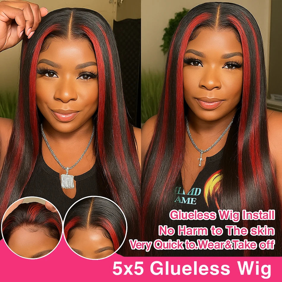200% Density 5x5 Highlight Lace Closure Wig – Black 1B/99J Burgundy Straight Human Hair, Glueless Brazilian Wig for Women