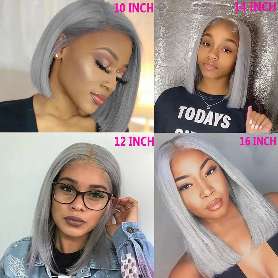 Four images showing a person with gray hair styled in different lengths, labeled 10 inch, 12 inch, 14 inch, and 16 inch.