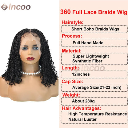 12" Boho Braided Bob Wig – Synthetic 360 Lace Front, Curly Knotless Style