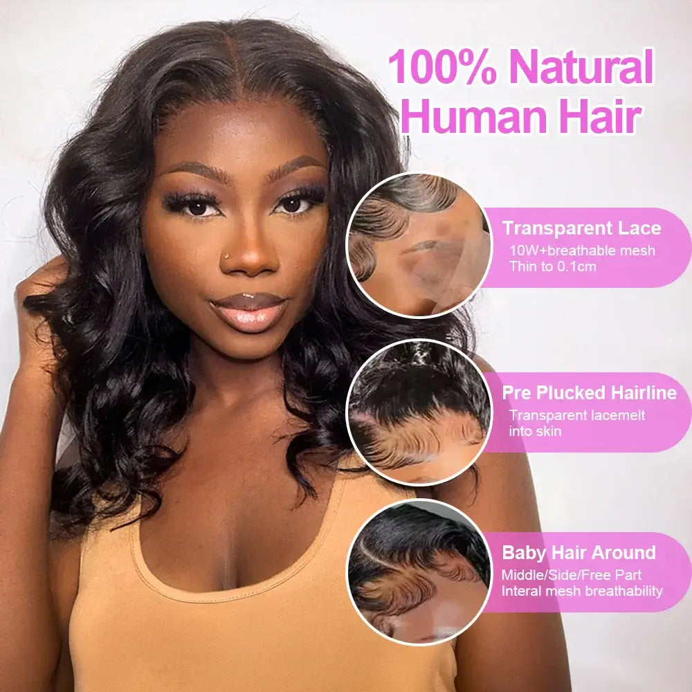 Wave Babe Bob wig featuring 100% natural human hair, transparent lace, pre-plucked hairline, and baby hair.